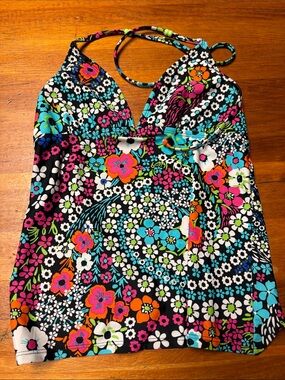 Hot Water Black Floral Tankini Swim Top with Bright Multi Hues